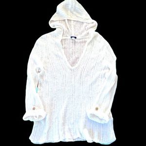 J.crew White Lightweight Linen Crochet Pool Beach Hooded Knit Top Semi Sheer SzM